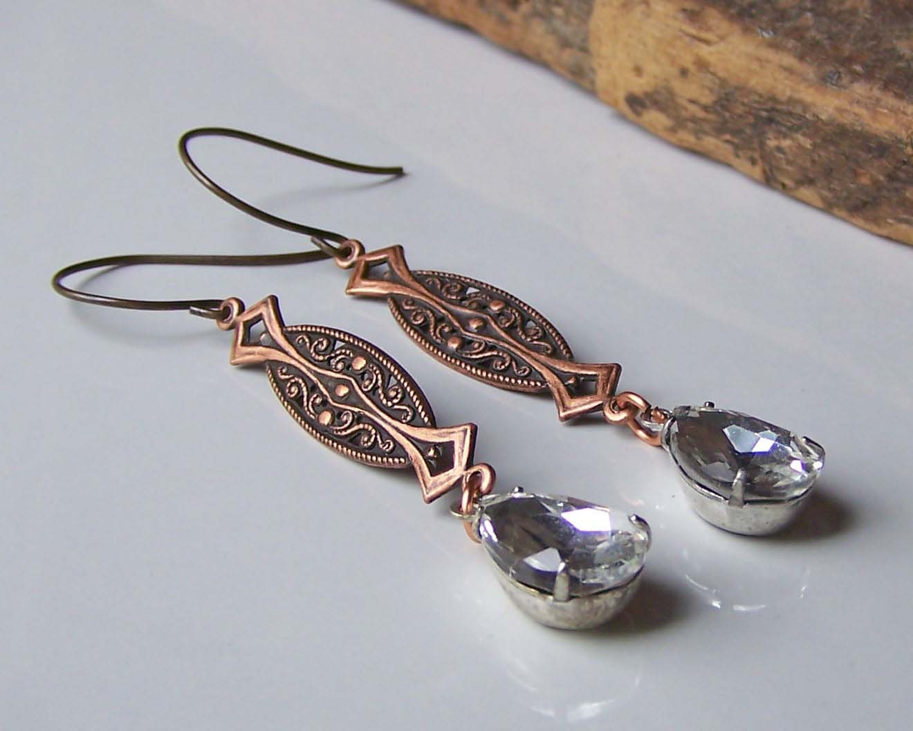Etsy, Etsy Jewelry, Beaded Earrings, Vintage Glass and Copper Earrings, Mixed Metal Earrings, Filigree Vintage Inspired Earrings