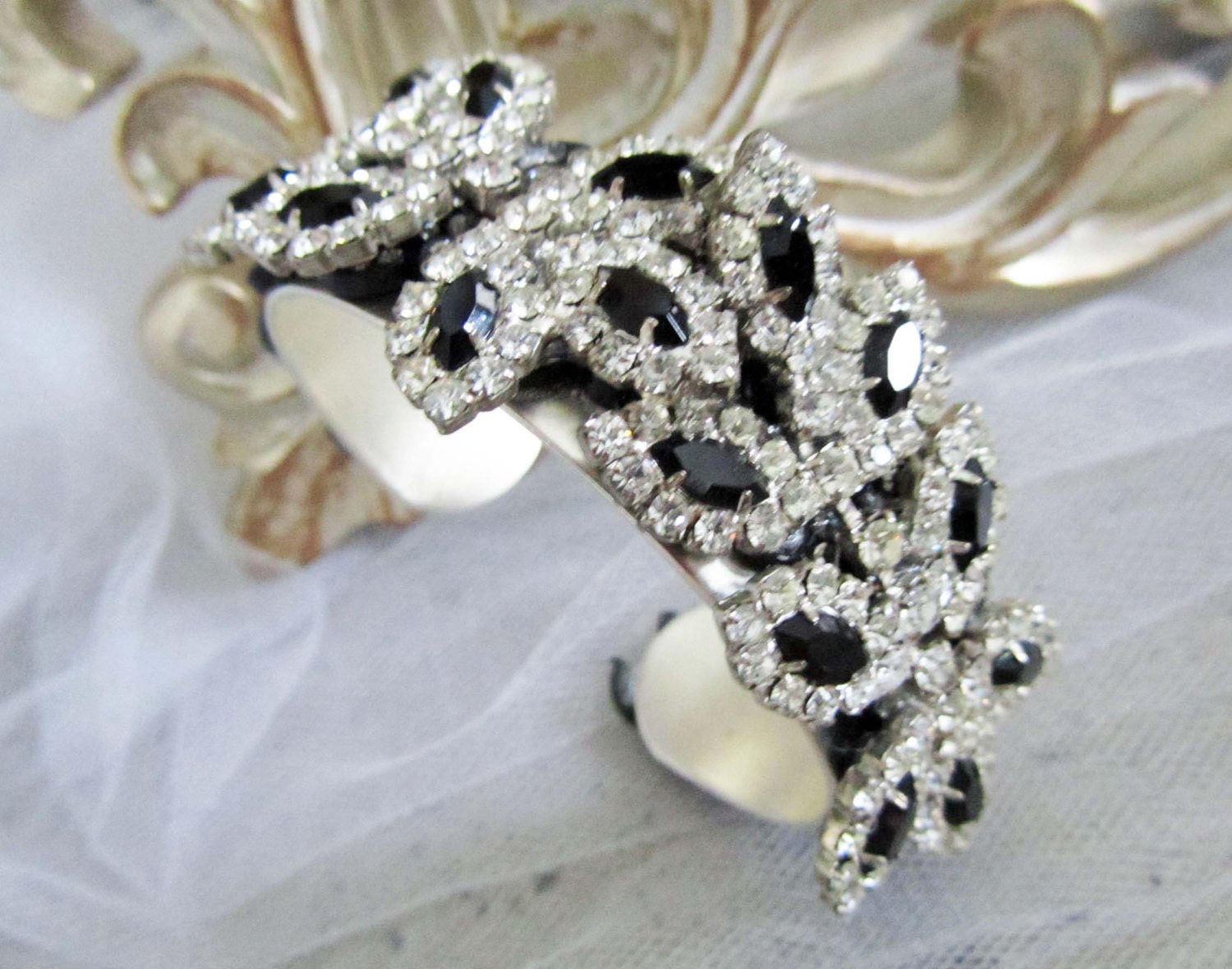 Bridal Wedding Cuff, Wedding Bracelet, Black Rhinestone Silver Cuff