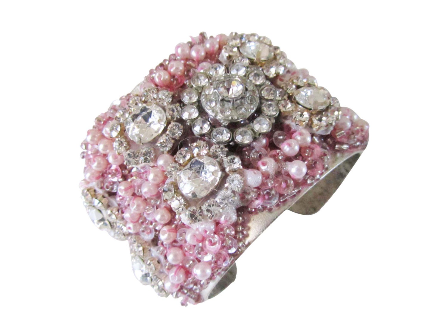 Bridal Cuff Bracelet Crystal Rhinestone with Pink Sequin Trim