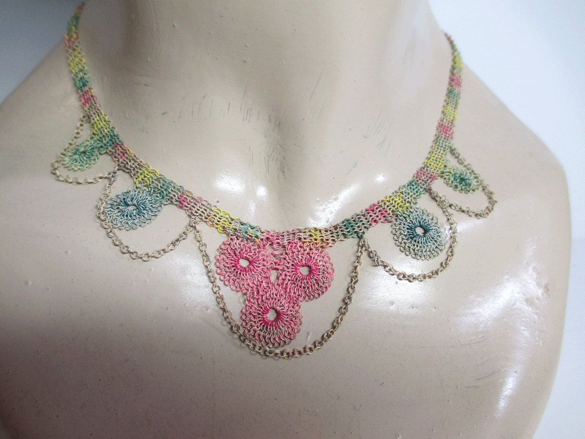 Vintage Pastel Tiny Metal Ring Necklace - Exquisitely Delicate - Tatting Design - RARE and Unique