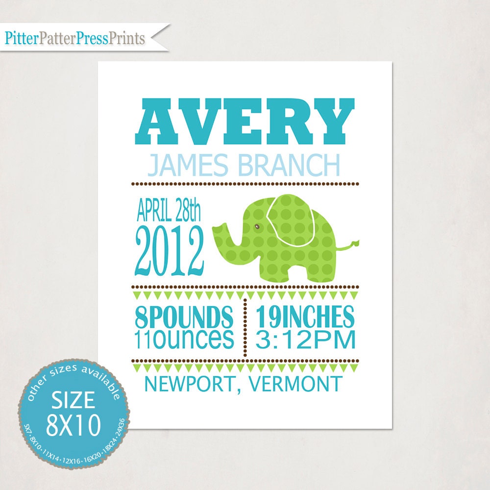 Personalized Boy's Birth Announcement // Custom Elephant Print with Baby's name // Kid's Nursery Wall Art // Typography Poster Art // 8x10