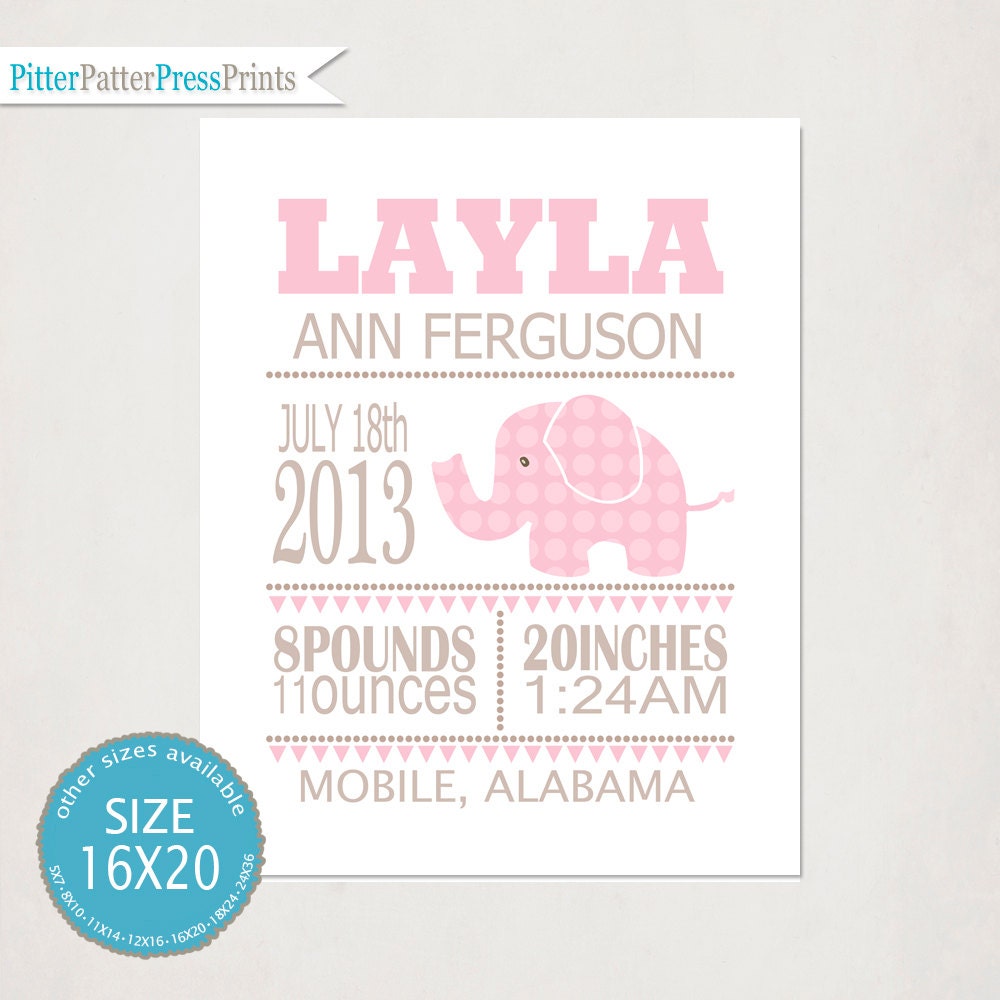 Baby Nursery Art // Personalized Birth Announcement Print // Custom Wall Art Poster // Elephant Kid's Art // Children's Room // Size 16X20