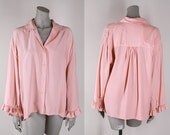 Vintage 1980s Silk Blouse : 80s Loose Pink Ruffle Poet Blouse M L