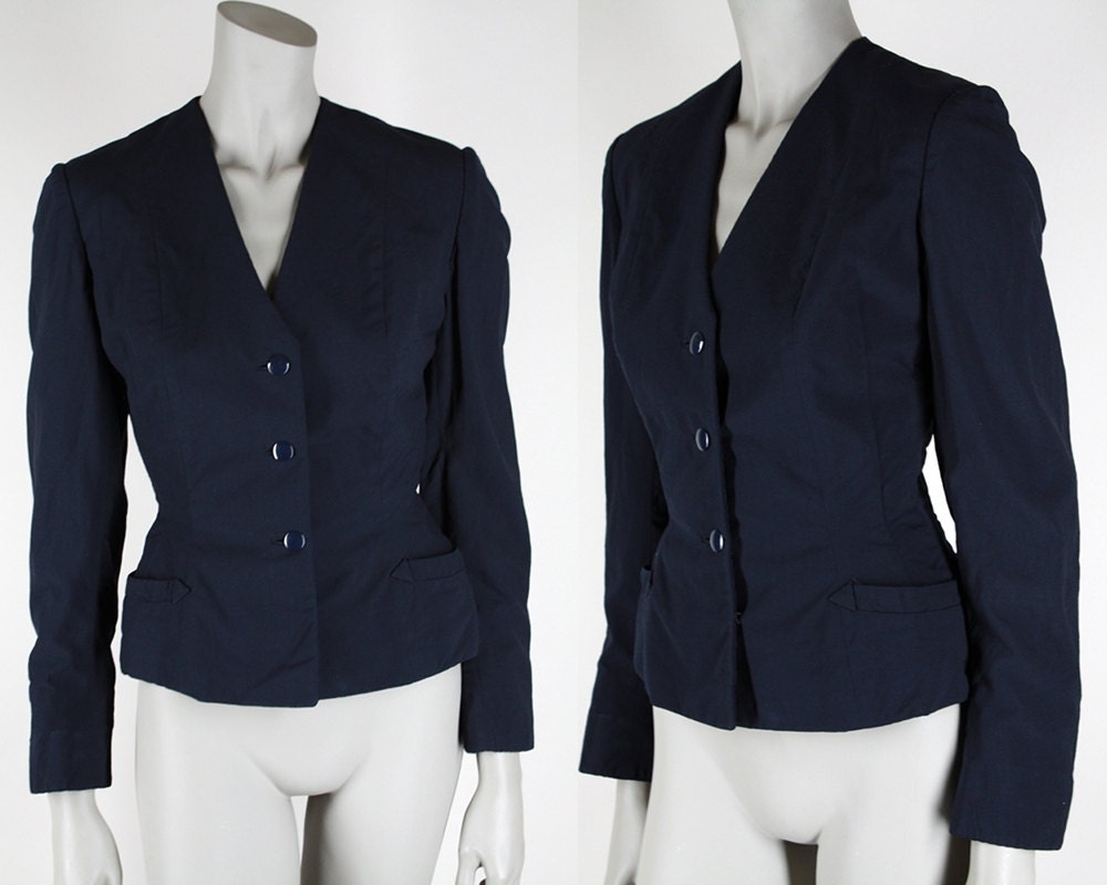 Vintage 1950s Jacket : 50s Navy Blue Tailored Gabardine Blazer S