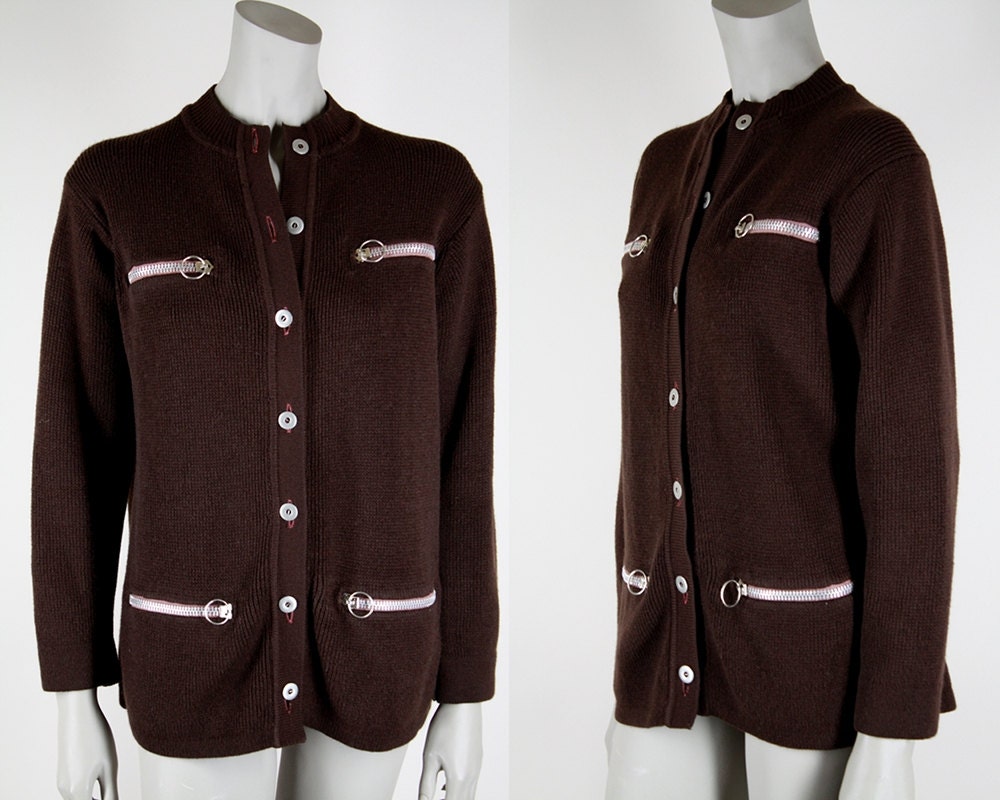 Vintage 1960s Sweater : Late 60s/Early 70s Dark Brown Cable Knit Zipper Cardigan M L