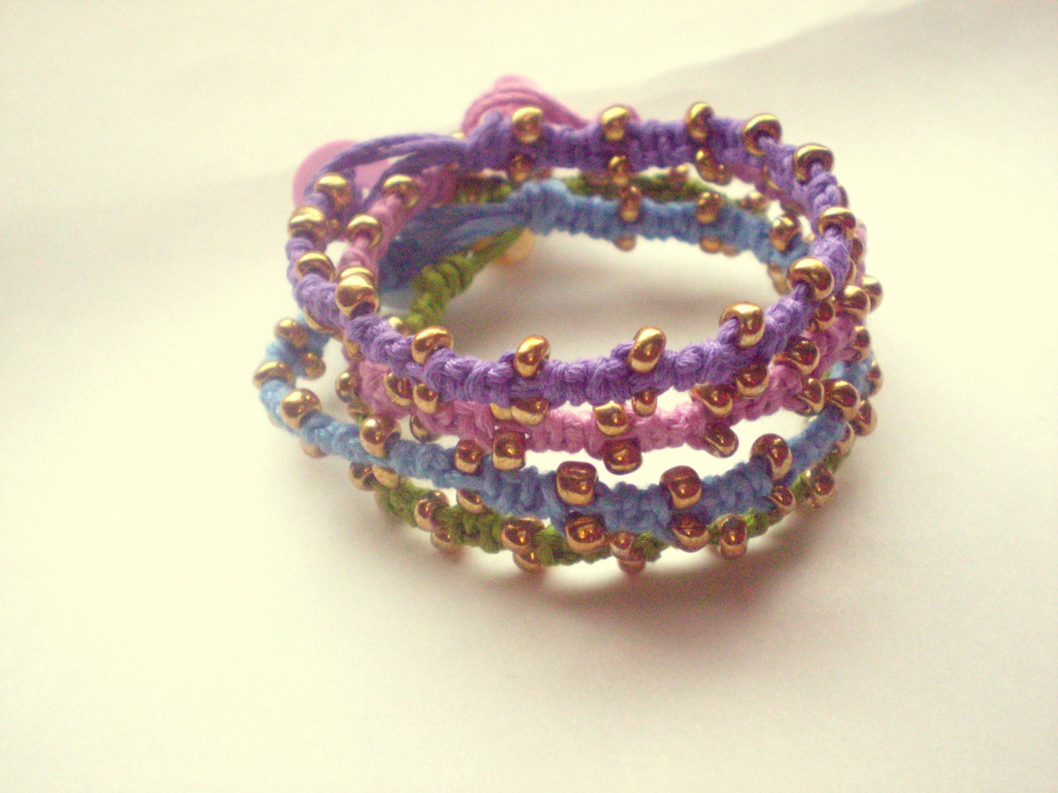 Lavender, Light Pink, Lime Green, and Pastel Blue Macrame Beaded Bamboo Cord Bracelets Jewelry Set of 4