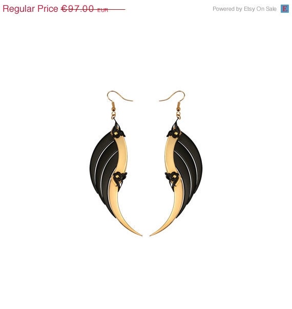 Spring Sale - 10 % OFF - Large Gold and Black Blade Wings Earrings - 24K Gold Plated - Free Shipping