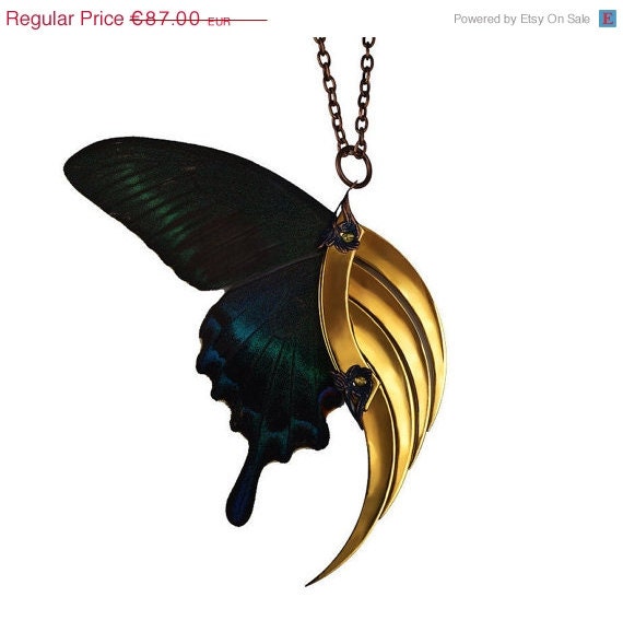 Spring Sale - 10 % OFF - Dark Butterfly Blade Wing - Deadly Gorgeous Neo Victorian Fairy Jewelry - 24K Gold Plated - With Real Butterfly Wi