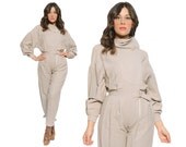 80s Jumpsuit Grey Taupe Knit Coverall Asymmetrical Collar New Wave Knit Tapered Pants Batwing Sleeves 1980s Hipster / Size S Small
