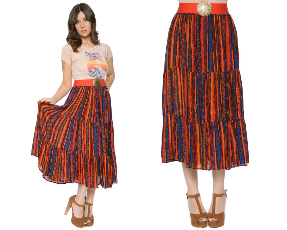 Southwestern Skirt 70s Maxi Bold Print Gauze Tiered Boho Multicolor Ethnic Skirt 1970s India Convertible Dress / Size L Large