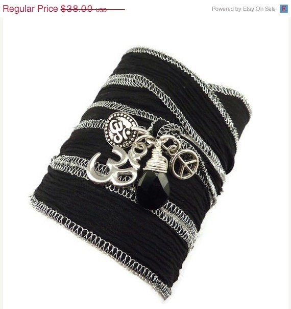 Silk Ribbon Bracelet with Om Charms,Peace Sign, and Black Onyx, yoga jewelry, wrapped wrapping bracelet, wrap around,wrist wrap