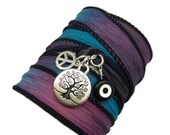 BIRTHDAY SALE Silk Wrap Bracelet with Tree Of Life, Peace Sign, and Evil Eye,yoga jewelry,silk ribbon bracelet, wrap around,wrist wrap
