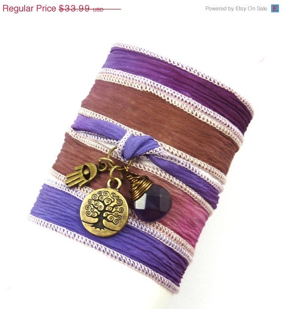 BIRTHDAY SALE Tree of Life Silk Wrap Bracelet with Hamsa and Amethyst,yoga jewelry,wrap bracelet, silk ribbon bracelet