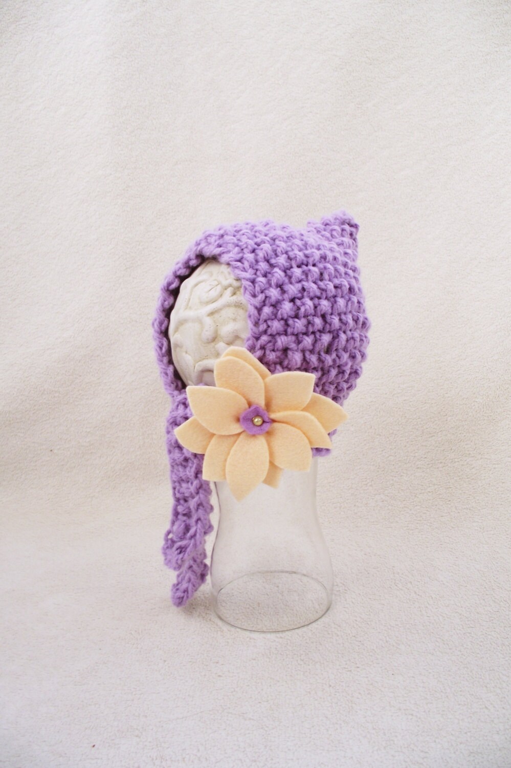 Hand Knit baby hat bonnet pixie purple felt flower photo prop newborn violet europeanstreetteam