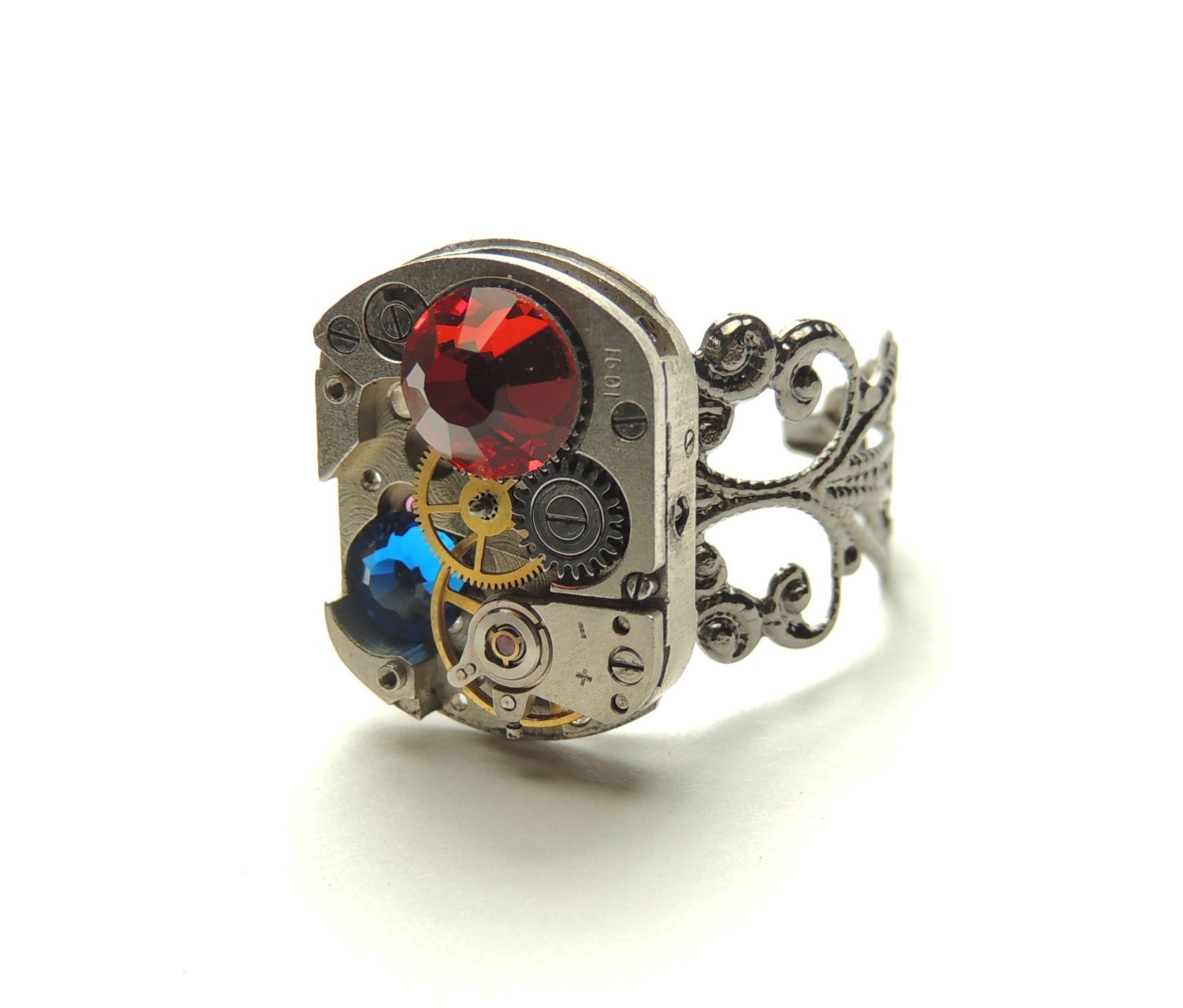 steampunk watch movement ring- adjustable-victorian rings - handmade ring vintage watch movement