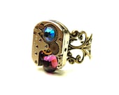 steampunk watch movement ring- adjustable-victorian rings - handmade ring vintage gears