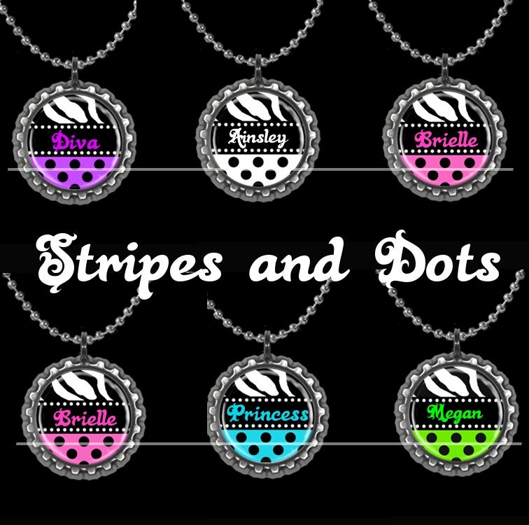 Zebra Print Polka Dot Personalized Party Favor Pack of SIX Pendant Necklaces or Zipper Pulls