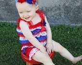 2 Piece Set Lil Miss Independence Patriotic Lace Romper with matching Shabby Flower Headband / Perfect Photo Prop / 4th of July