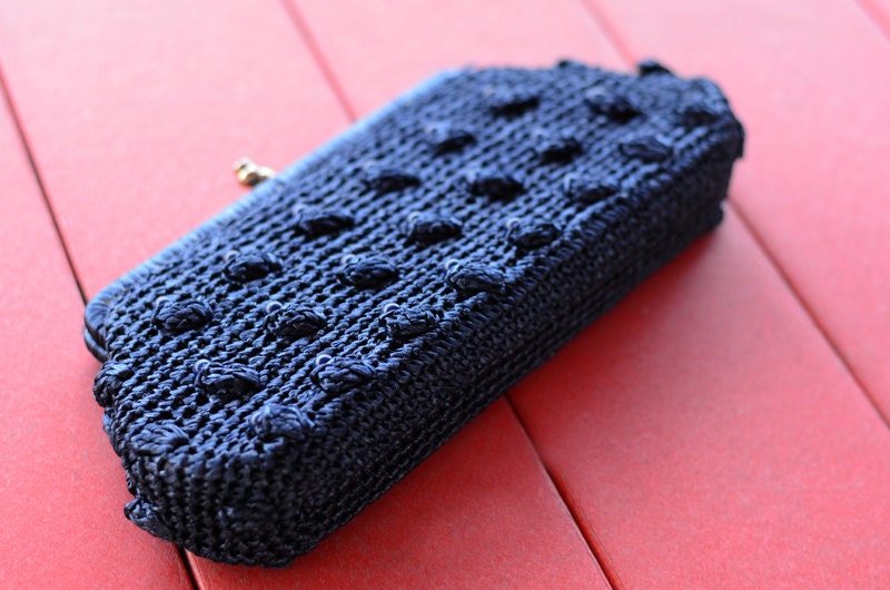 vintage raffia navy clutch with beading and optional short handle 50s 60s made in japan