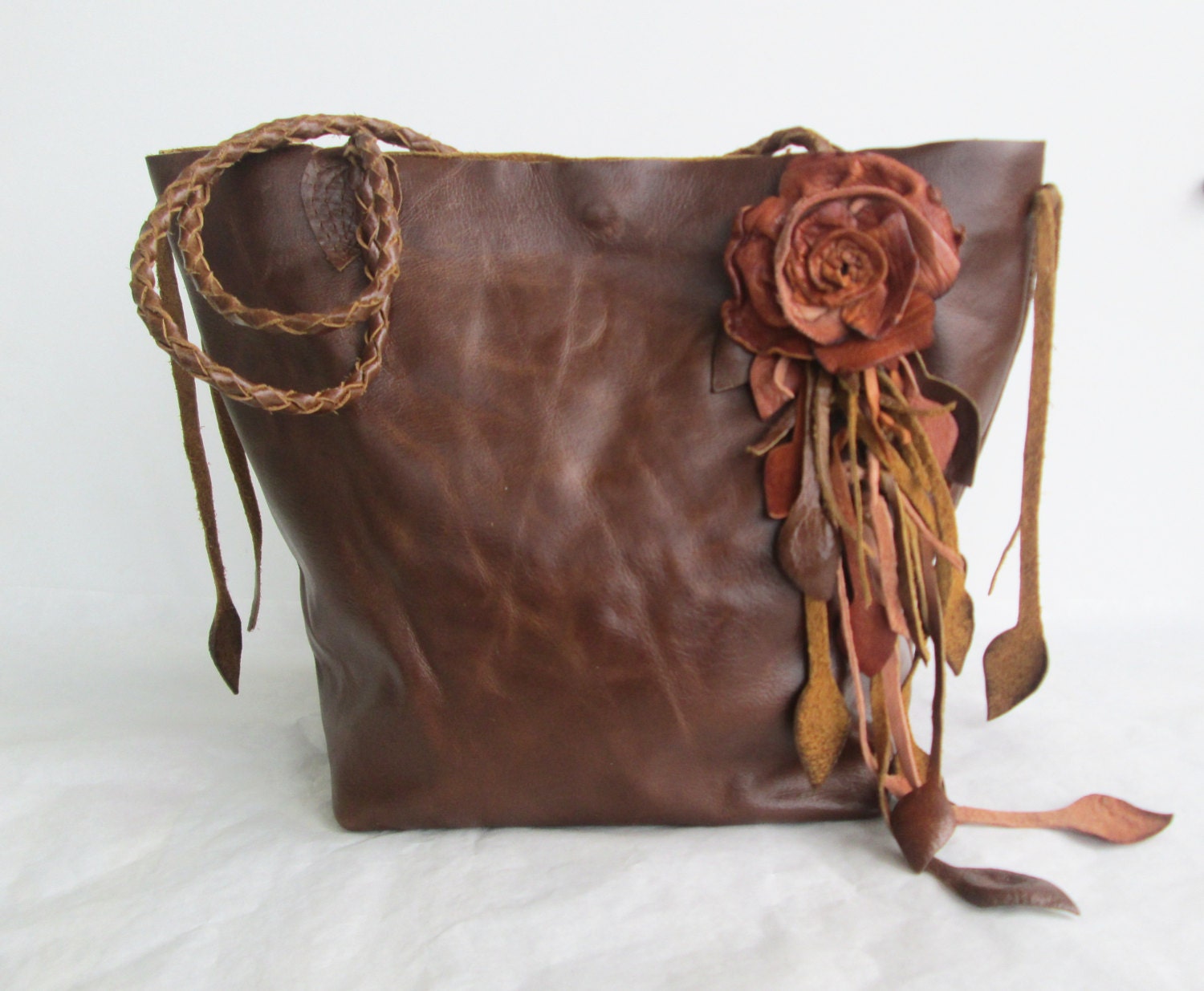 brown leather handbag tote, messenger with flower rose and leaf fringe. at pin brooch  Large OOAK by Tuscada. Ready to ship.
