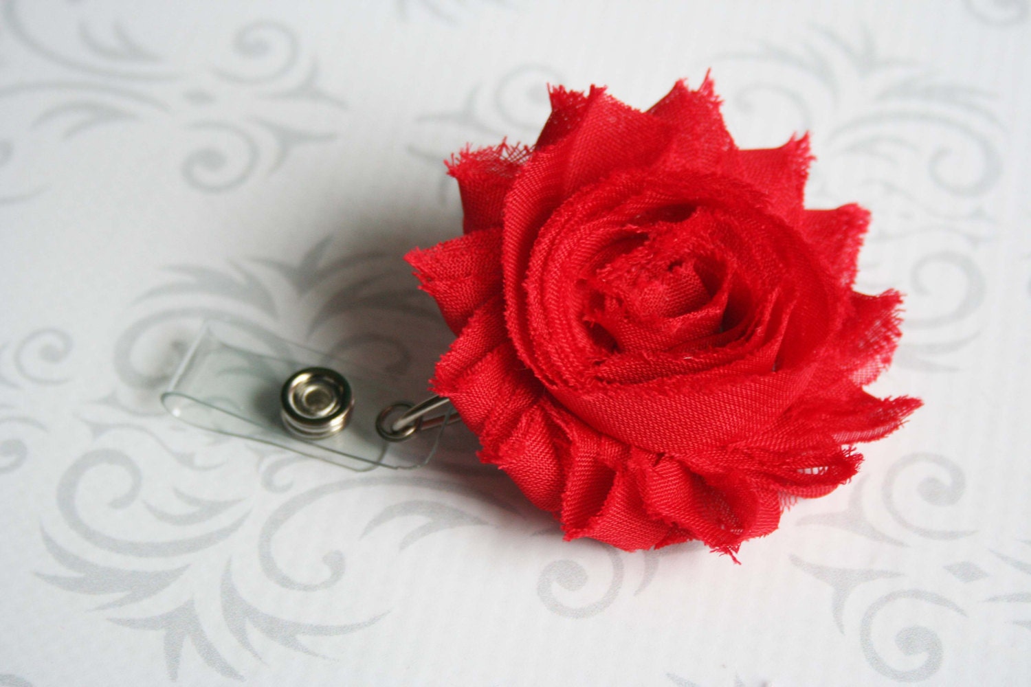 Shabby Chic Flower Retractable Badge / ID Holder Reel - Red