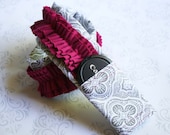 Ruffled Camera Strap Cover Padded with Lens Cap Pocket - Gray Moroccan with Dark Pink Ruffle- MADE TO ORDER