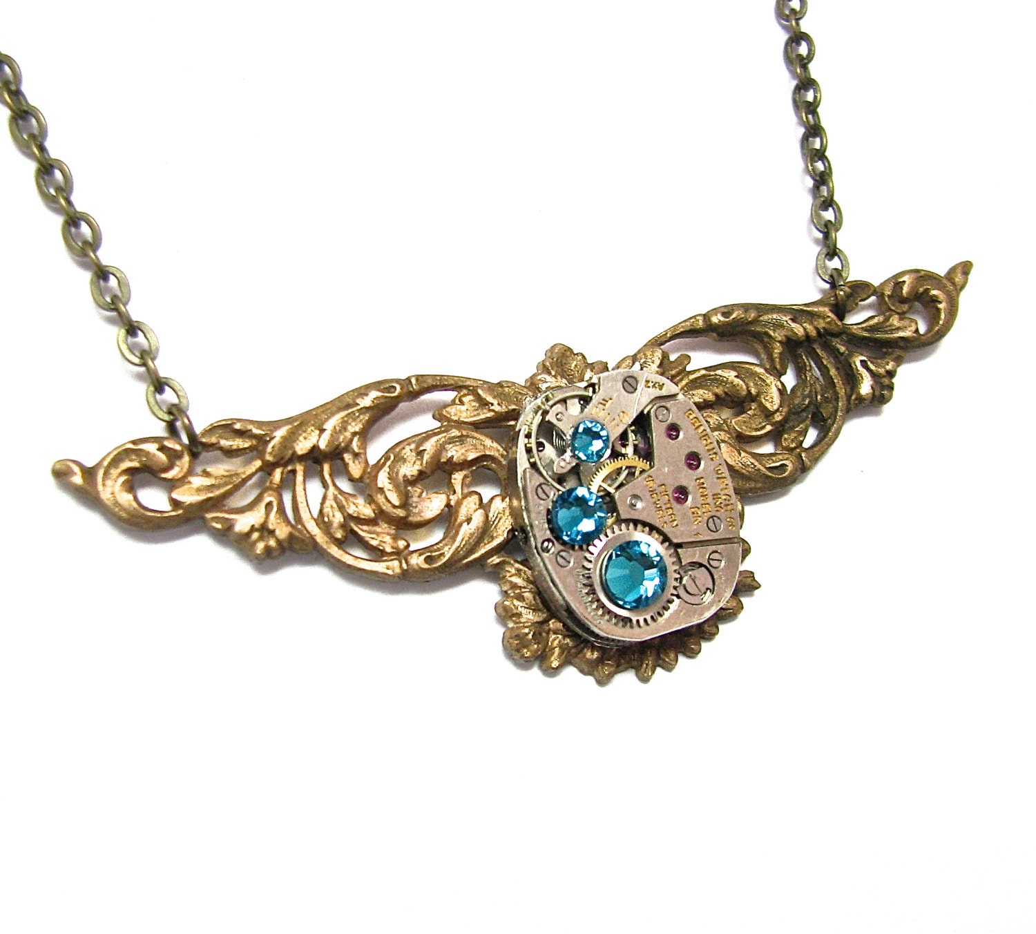 Steampunk Necklace Antiqued Brass Victorian Filigree Charm Finished with A GORGEOUS Jeweled Watch Movement -by Mechanique Steampunk