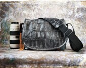 Leather Camera Bag New  -  Black Distressed crocodile Leather Tapestry Medium DSLR - Pre-Order