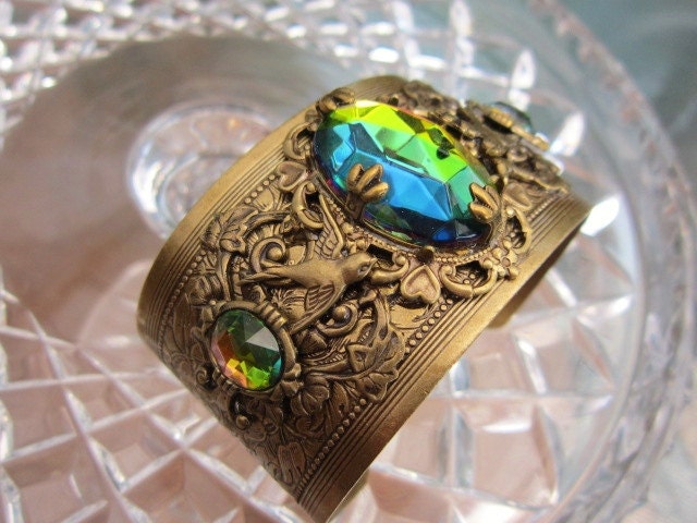 CUFF BRASS   Medium Vitrail glass jewel Swallows In The Garden