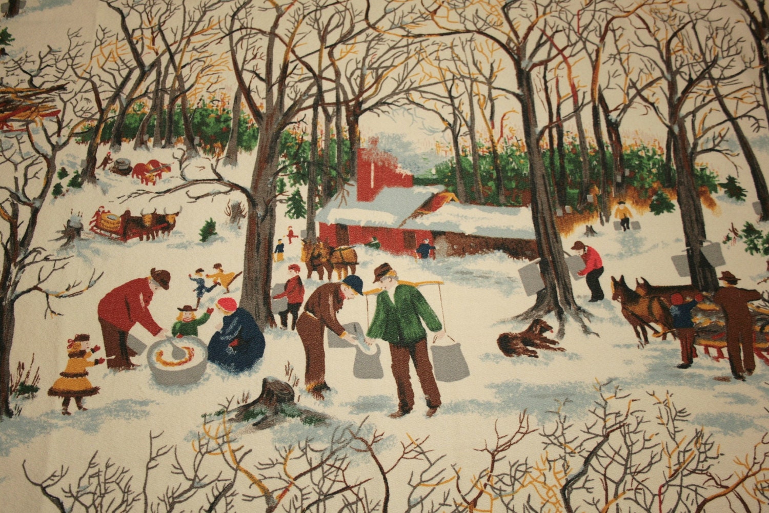 Grandma Moses "Sugaring Off" Vintage Barkcloth Fabric Piece - Near Mint - 47 by 23 Inches