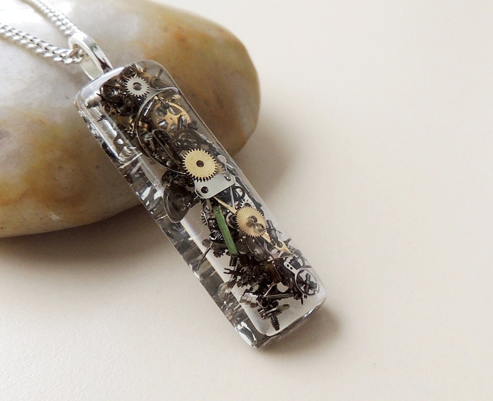 Steampunk Necklace, Watch Parts in Resin Pendant, Steampunk Jewelry, Resin Jewelry