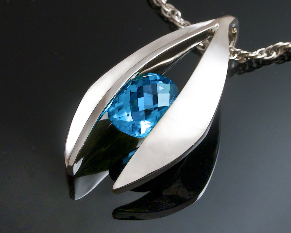 December birthstone - Swiss blue topaz - pendant necklace - statement necklace - gemstone jewelry - tension set - 3495