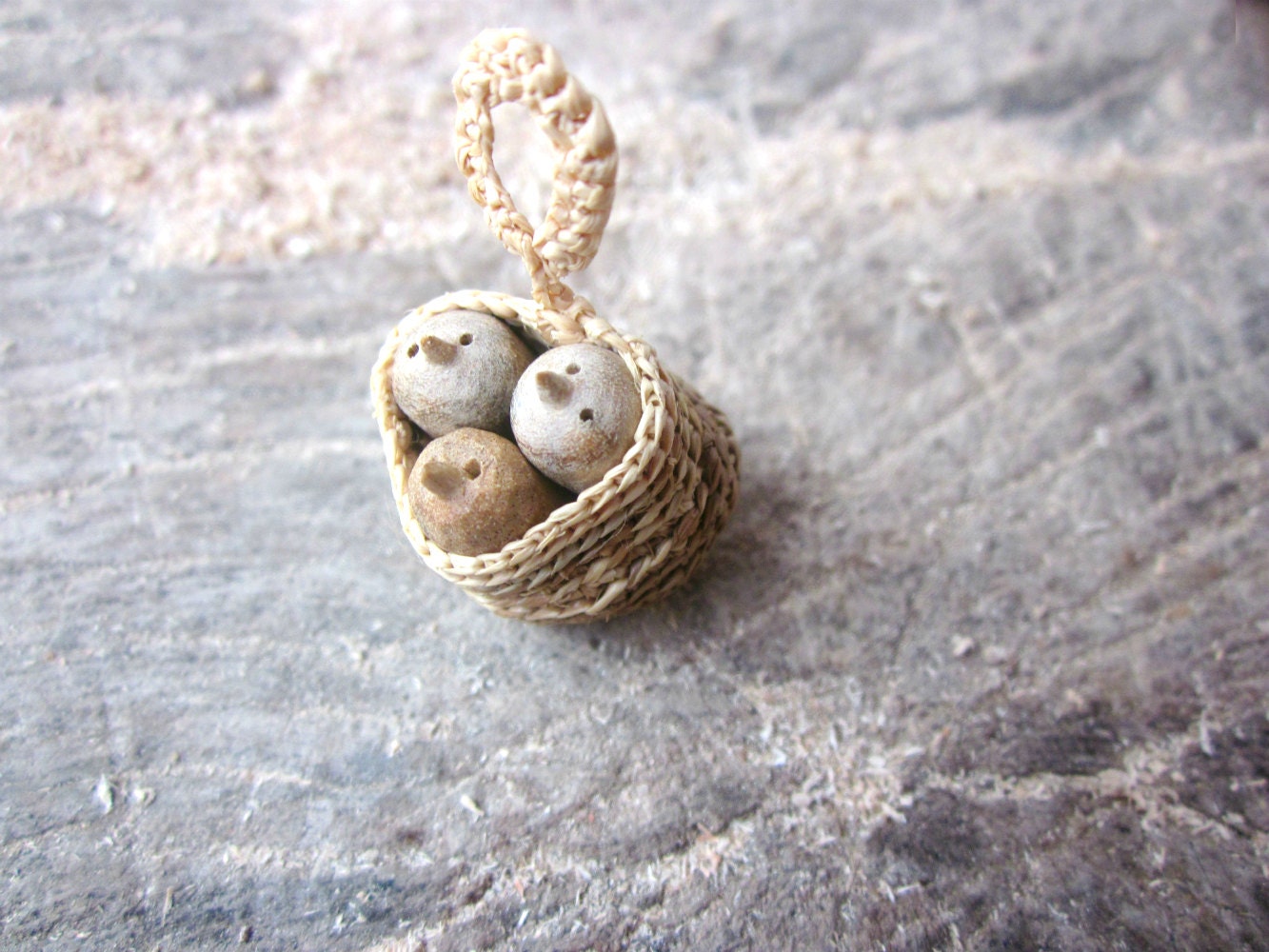 Miniature nest with three swallows, native wall art