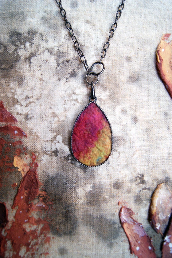 Terracota Mustard Red Wool Silk Drop Shaped Pendant. Gift under 30