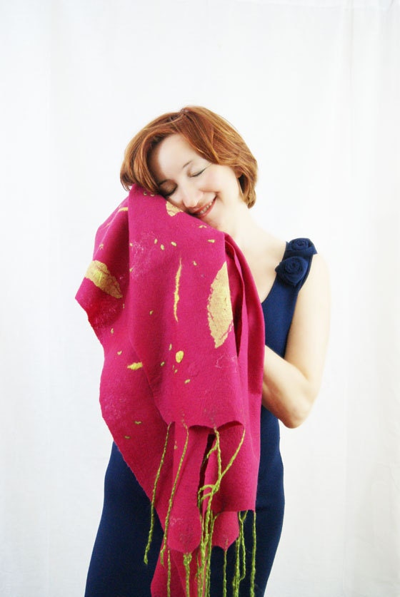 Pink and Green Felted Wool Summer Shawl Scarf Wrap