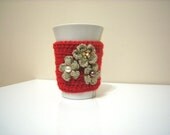 Red Flower Coffee Cozy, Coffee Mug Cozy, Neutral cup cozy ,Coffee Cozy Sleeve