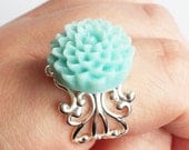 Something Blue Bridal Ring with pale blue pom flower on a silver filigree band in ivory organza gift bag for bride