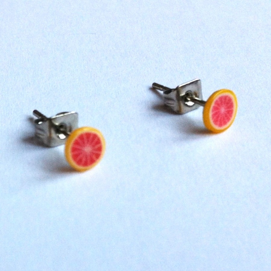 Pink Grapefruit polymer clay stud earrings white gold plated