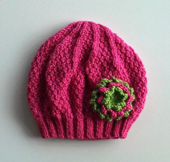 Girls Beanie Flower Hat in Strawberry Pink & Green - Size Small 2 - 4 years