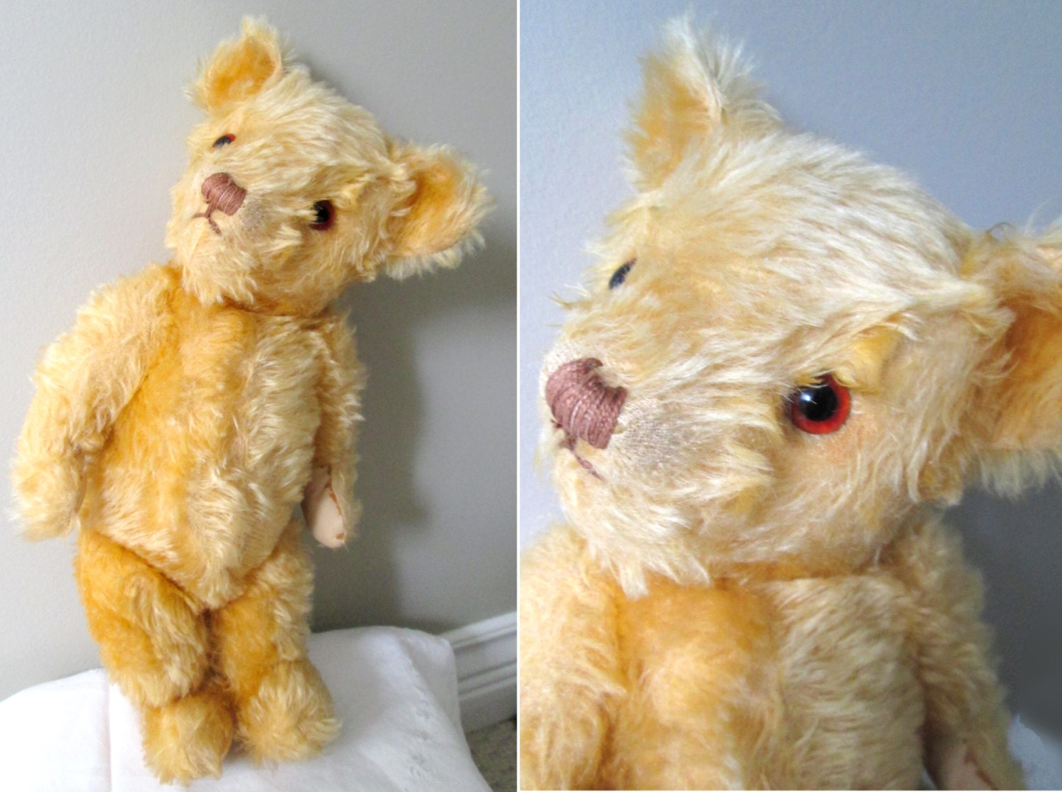 Antique Merrythought Golden Mohair Teddy Bear 15" - Vintage English Character Blond Wood Stuffed Animal Toy Steiff Primitive Quirky