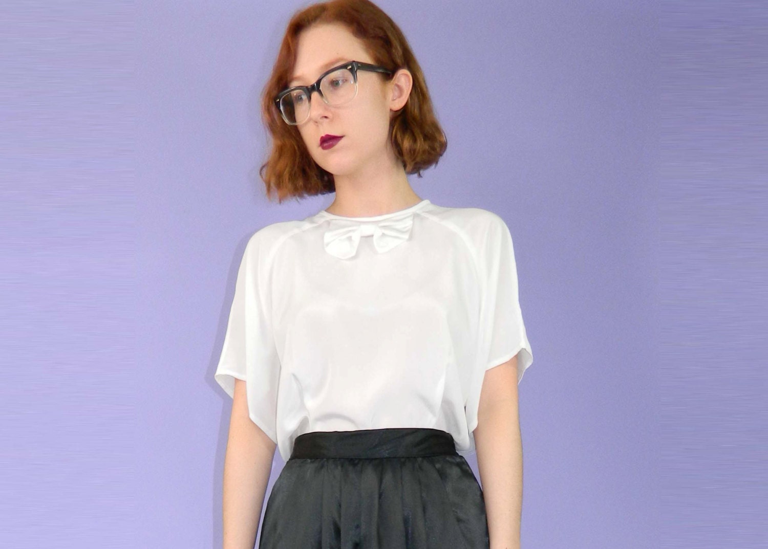 Sheer White Blouse with Bow 1980s Large