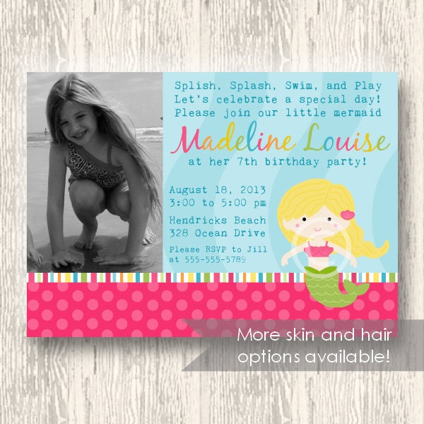 Little Mermaid Printable Photo Invite for Birthday Party or Baby Shower DIY Invitaion by BeeAndDaisy CHOOSE hair color Il_570xn