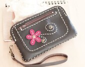 Hand Sewn Leather iPhone Case in Dark Brown with Pink Flower