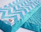 Double Minky Baby Stroller Blanket -- Turquoise Chevron Print Minky with Turquoise Minky & Satin Trim -- READY TO SHIP
