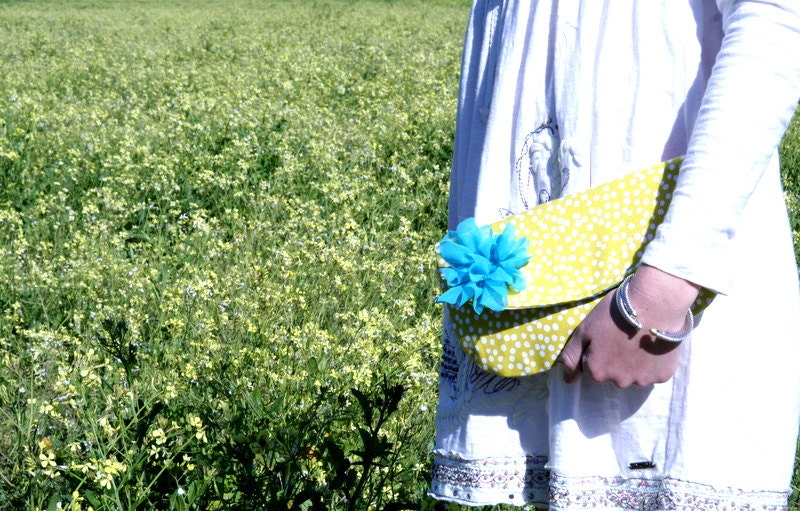 yellow clutch purse with removable fabric flower brooch in chiffon / spring fashion / bridesmaid