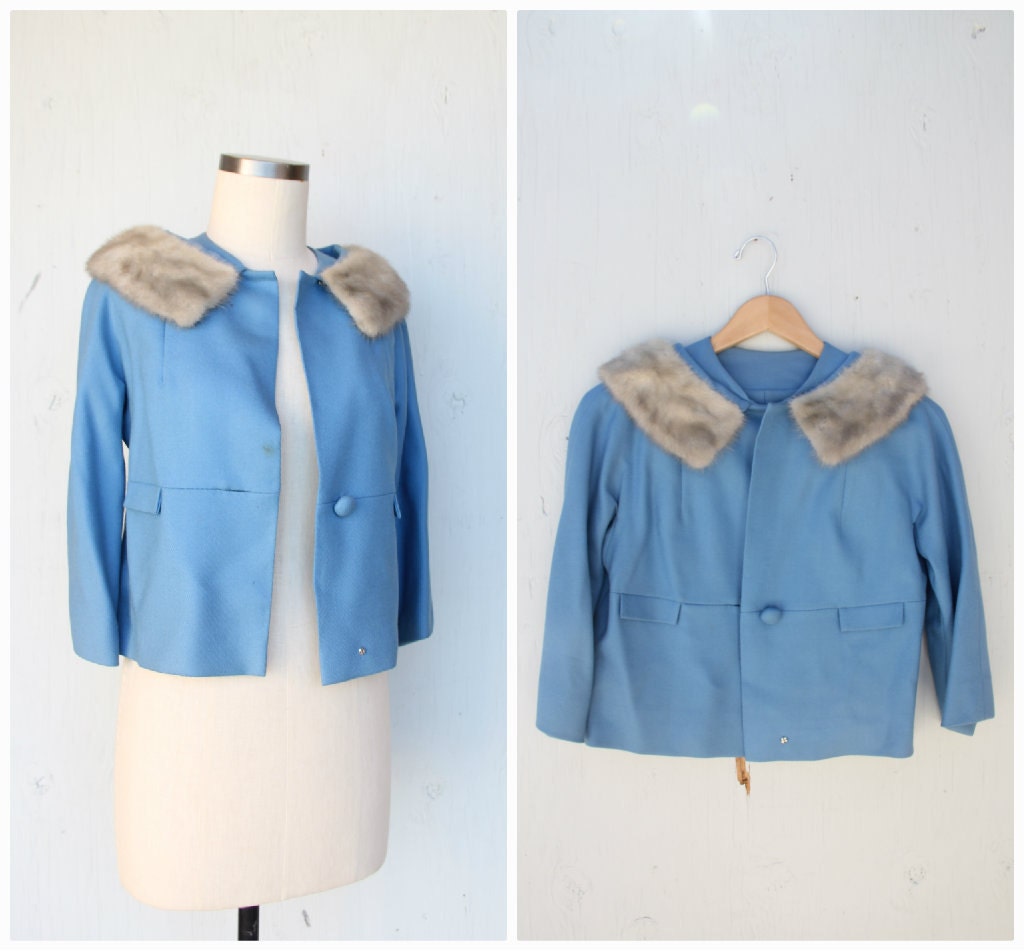vintage 1960s Jacket / / Dusty Blue Cropped Jacket with Mink Fur Collar / small - medium