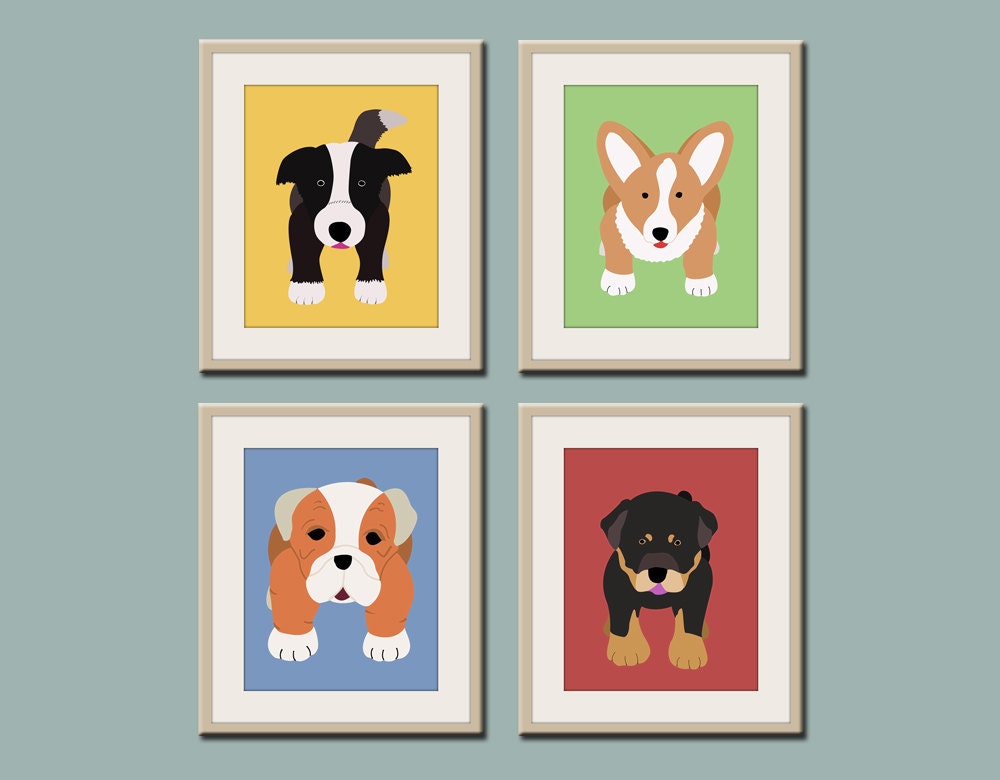 Dog prints Dog Art. Puppy nursery art prints Any 4 8x10. Baby nursery decor kids art. Kids wall art. Kids decor, puppy dogs by WallFry