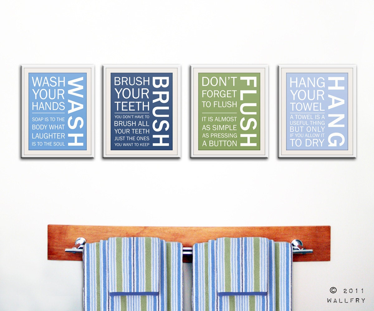 Kids bathroom decor. Bathroom art, bathroom prints, Bathroom rules, brush your teeth. Wash floss brush flush. 4-11x14 prints by WallFry