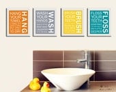 Bathroom art prints. Bathroom Rules. Kids bathroom wall quotes. Wash Brush Floss Flush. Typography. Set of 4- 5x7prints by WallFry