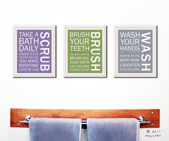 Bathroom decor. Kids Bathroom rules. Bathroom prints bathroom art. Typography. Set of 3 8x10 prints by WallFry